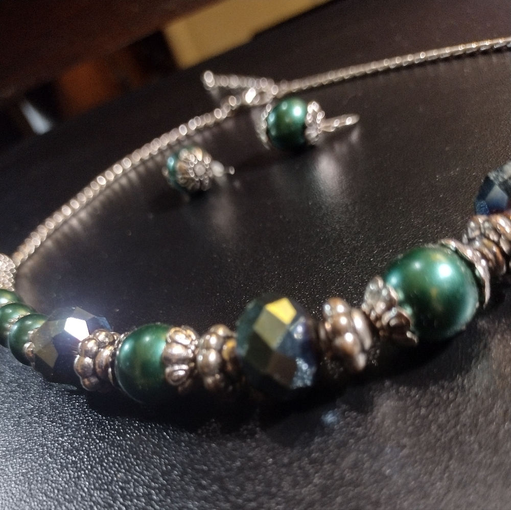 Shades Of Green Fashion Jewelry- Beaded Necklace With Matching Earrings